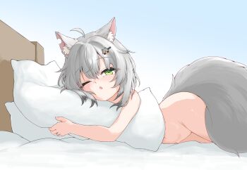 Rule 34 | 1girl, ;o, absurdres, animal ears, animal hair ornament, bed, blush, colored tips, commentary request, green eyes, grey hair, highres, hugging object, implied nudity, jewelry, kamizuki naki, looking at viewer, lying, multicolored hair, navel, navel peek, on bed, on side, one eye closed, pillow, pillow hug, prism project, pussy, ring, short hair, tail, two-tone hair, uncensored, uts, virtual youtuber, wolf ears, wolf girl, wolf tail