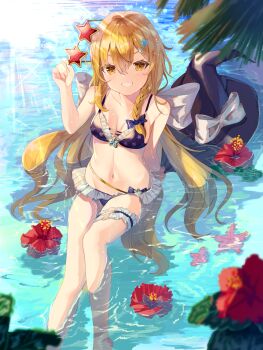 1girl :d absurdres alternate_costume back_bow backlighting bare_shoulders bikini black_bikini black_hat blonde_hair blue_bow blush bow braid breasts brown_eyes closed_mouth collarbone commentary day eyelashes eyes_visible_through_hair feet_out_of_frame flower flower_on_liquid frilled_bikini frilled_thigh_strap frills from_above glasses grey_bow grin hair_between_eyes hair_bow hair_ornament hair_spread_out hand_up happy hat hat_bow highres holding holding_removed_eyewear kirisame_marisa leaf long_hair looking_at_viewer medium_breasts missing_headwear mugicho_(kdks5554) navel ocean open_mouth outdoors palm_tree print_bikini purple_bikini red_flower ripples shadow sidelighting single_braid sitting smile solo star-shaped_eyewear star_(symbol) star_hair_ornament star_print star_print_bikini starfish stomach sunglasses sunlight swimsuit teeth thigh_strap touhou tree unworn_eyewear unworn_hat unworn_headwear v-shaped_eyebrows very_long_hair water witch_hat