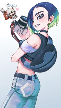 Rule 34 | 1girl, ass, bare shoulders, black choker, blue hair, bob cut, breasts, brown eyes, camera, choker, commentary request, crop top, denim, dog, gradient hair, grey shirt, highres, hisuian growlithe, holding, holding camera, horns, jeans, loose hair strand, midriff, multicolored hair, mv100, nintendo, off-shoulder shirt, off shoulder, pants, perrin (pokemon), pokemon, pokemon (creature), pokemon sv, ribbed shirt, shirt, short hair, single horn, sleeveless, sleeveless shirt, undershirt, white nails