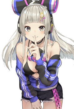 1girl arched_bangs bare_shoulders belt bent_over black_bra black_choker blue_jacket bra breasts choker collarbone cowboy_shot denim denim_shorts finger_to_mouth grey_eyes grey_hair hair_ornament hair_over_shoulder hand_on_own_thigh hand_up hardcore_tano_c headphones highres irregular_nation irrena isegawa_yasutaka jacket large_breasts light_blush long_hair looking_at_viewer mascot mask off-shoulder_jacket off_shoulder partially_open_jacket partially_unzipped pink_belt rgb_lights shorts shushing simple_background smile solo speaker straight_hair teeth torn_clothes torn_shorts underwear unworn_mask white_background