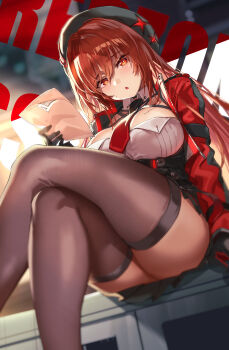 1girl absurdres beret cloud cloudy_sky crossed_legs gloves goddess_of_victory:_nikke hat highres holding holding_paper jacket legs legs_together looking_at_viewer looking_down michairu necktie open_mouth pantyhose paper rapi_(nikke) rapi_(red_hood)_(nikke) red_eyes red_hair red_jacket sitting sky solo text_background thick_thighs thighs