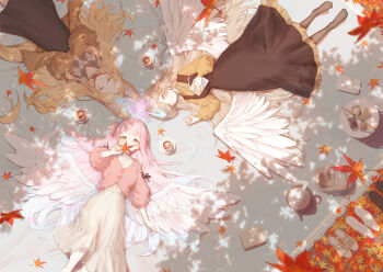 3girls absurdres alternate_costume angel_wings animal_ear_fluff animal_ears blonde_hair blue_archive blush closed_eyes closed_mouth cup dress eshineko feathered_wings fox_ears fox_girl hair_bun hair_spread_out halo highres holding holding_leaf leaf long_hair long_sleeves low_wings lying maple_leaf mika_(blue_archive) multiple_girls nagisa_(blue_archive) on_back pink_hair pink_halo seia_(blue_archive) single_side_bun smile tea teacup tree_shade very_long_hair white_dress white_wings wing_ornament wings yellow_eyes