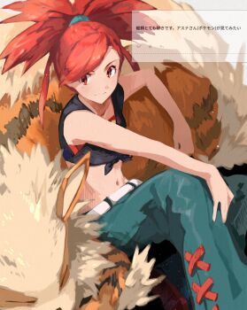 1girl arcanine belt blue_pants closed_mouth commentary_request crop_top flannery_(pokemon) fuyuki_eru gen_1_pokemon highres long_hair looking_at_another navel nintendo pants pokemon pokemon_(creature) pokemon_oras red_eyes red_hair request_inset smile translation_request white_belt