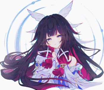 1girl bare_shoulders black_hair colored_inner_hair columbina_(genshin_impact) commentary dress genshin_impact hair_intakes hair_ribbon hashtag-only_commentary head_wings highres long_hair looking_at_viewer multicolored_hair parted_lips pink_hair purple_eyes ri_pi_o ribbon solo twitter_username two-tone_hair upper_body white_background white_dress white_ribbon white_wings wings