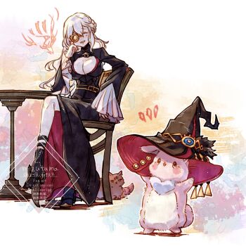 Rule 34 | 1girl, belt, breasts, cat, diabellstar the black witch, dress, duel monster, grey hair, hat, highres, long hair, melffy rabby, mizutama (mizutamalion), monocle, open mouth, pink fur, rabbit, sitting, smile, standing, tagme, witch hat, yu-gi-oh!