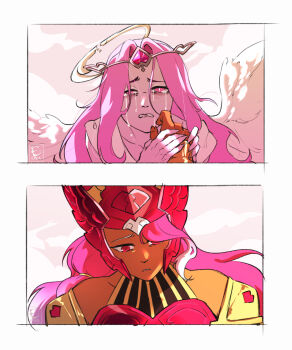 2girls am_osaa angel_wings armlet armor artist_name bare_shoulders border circlet collarbone colored_skin cookie_run cookie_run:_kingdom crying crying_with_eyes_open dark-skinned_female dark_skin dress eternal_sugar_cookie feathered_wings fingernails gauntlets gem gold_armlet hair_between_eyes hair_ornament halo hands_up heart heart-shaped_gem heart_print helmet highres holding_hands hollyberry_cookie hollyberry_cookie_(aegis) humanization long_hair multicolored_hair multiple_girls official_alternate_costume pink_armor pink_eyes pink_gemstone pink_hair pink_skin sad sleeveless sleeveless_dress streaked_hair tears teeth upper_body wavy_hair white_border white_dress white_hair wings yuri