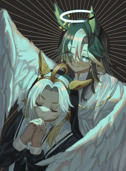 2girls absurdres ahoge alternate_costume animal_ears black_hair brown_background brown_hair closed_eyes commentary dream_journey_(umamusume) glasses halo highres horse_ears horse_girl multicolored_hair multiple_girls nun orfevre_(umamusume) own_hands_together praying simple_background songdu sparkling_eyes streaked_hair symbol-only_commentary traditional_nun two-tone_hair umamusume white_hair winged_arms wings