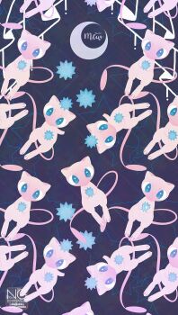 blue_eyes bow crescent_moon flower full_body gen_1_pokemon highres legendary_pokemon looking_at_viewer meme_(sleepsheep) mew_(pokemon) moon mythical_pokemon nintendo no_humans pink_bow pokemon pokemon_(creature) pokemon_focus solo tail