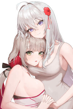 2girls :3 absurdres ahoge black_choker black_ribbon blunt_bangs blush breasts brown_hair choker closed_mouth colored_inner_hair commentary commission couple cowboy_shot dress ear_piercing english_commentary eyelashes flower green_eyes grey_dress grey_hair hair_between_eyes hair_flower hair_intakes hair_ornament hair_over_shoulder hair_ribbon highres holding_hands hug interlocked_fingers juice_gukbap large_breasts long_hair looking_at_viewer low_ponytail multicolored_hair multiple_girls open_mouth original piercing ponytail purple_eyes red_flower red_hair ribbon sideboob sidelocks simple_background sleeveless sleeveless_dress smile split_mouth strapless strapless_dress two-tone_hair upper_body very_long_hair white_background white_dress yuri