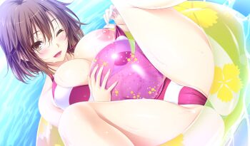 1girl ;d ass ball bare_arms bare_shoulders beachball bikini breasts brown_eyes brown_hair choco_chip dutch_angle flashing game_cg holding holding_ball holding_beachball innertube large_breasts one_eye_closed open_mouth shigokare_~ecchi_na_joshi_daisei_to_doki_x2_love_lesson!!~ short_hair smile spread_legs striped_bikini striped_clothes swim_ring swimsuit takigawa_shiori_(shigokare)