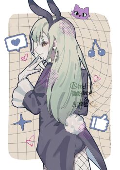 &lt;|&gt;_&lt;|&gt; 1girl alternate_costume animal_ear_hairband animal_ears back_slit bang_dream! bang_dream!_it&#039;s_mygo!!!!! bell_sleeves black_hairband black_tailcoat border brown_background bunny_day cat closed_mouth coattails cowboy_shot earrings fake_animal_ears fake_tail fishnet_pantyhose fishnets from_behind gloves green_hair grid_background hairband hand_up heart highres jewelry long_hair long_sleeves looking_at_viewer mdin4k pantyhose playboy_bunny profile rabbit_ear_hairband rabbit_ears rabbit_tail side-seamed_gloves solo spoken_heart standing straight_hair stud_earrings tail tailcoat tailcoat_playboy_bunny turning_head wakaba_mutsumi white_border white_gloves white_tail yellow_eyes