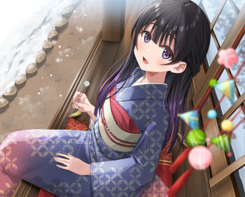 1girl :d black_hair blue_kimono blunt_bangs blurry blush depth_of_field gradient_hair highres japanese_clothes kimono kukiha long_hair long_sleeves looking_at_viewer mimikaki multicolored_hair obi open_mouth original purple_eyes purple_hair rock sash shouji sidelocks sitting sliding_doors smile snow solo two-tone_hair veranda wide_sleeves winter