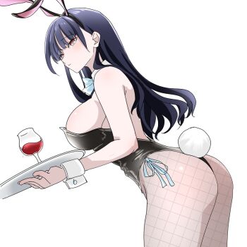 1girl alcohol artist_request ass black_hair boku_no_kokoro_no_yabai_yatsu breasts closed_mouth cuff_links cuffs cup drinking_glass dutch_angle large_breasts liquid long_hair looking_to_the_side rabbit rabbit_ears rabbit_tail red_wine shiny_skin simple_background standing thick_thighs thighs tray white_background wine wine_glass yamada_anna