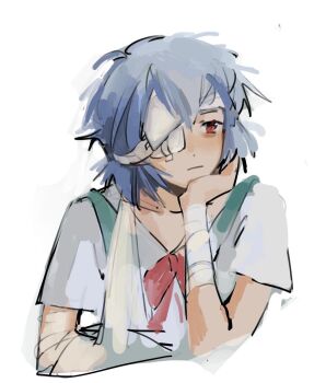 1girl aqua_skirt arm_sling ayanami_rei bandaged_arm bandaged_head bandaged_wrist bandages bloobrerrryv blue_hair bow bowtie collared_shirt commentary cropped_torso dress_shirt elbow_rest eyepatch hashtag-only_commentary head_rest highres injury looking_afar looking_to_the_side medical_eyepatch messy_hair neon_genesis_evangelion red_bow red_bowtie red_eyes school_uniform shirt short_hair short_sleeves simple_background sketch skirt solo suspender_skirt suspenders tokyo-3_middle_school_uniform white_background white_shirt
