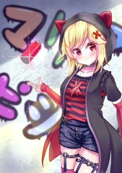 Rule 34 | 1girl, animal ears, animal hood, black choker, black shorts, blonde hair, blurry, blurry background, blush, cat ears, cat hood, charcoa72170283, choker, closed mouth, collarbone, commentary, cowboy shot, day, fake animal ears, frilled shirt, frills, frown, glint, graffiti, hair ornament, hand up, highres, hood, hood up, hooded jacket, jacket, jewelry, kin-iro loveriche, lens flare, looking at viewer, medium hair, necklace, o-ring, o-ring thigh strap, outdoors, red eyes, shirt, short sleeves, shorts, sidelocks, skindentation, solo, souma ria, split mouth, spray can, striped clothes, striped shirt, swept bangs, thigh strap, thighs, x hair ornament
