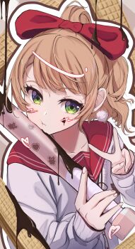 1girl :t absurdres baseball_bat blush_stickers bow brown_hair cheek_press chocolate chocolate_on_face commentary fingernails food food_on_face green_eyes hair_bow highres holding holding_baseball_bat indie_virtual_youtuber jacket long_hair long_sleeves red_bow red_sailor_collar sailor_collar school_uniform shigure_ui_(vtuber) side_part solo swept_bangs tomato_calbo upper_body very_long_hair virtual_youtuber wafer white_jacket wide_ponytail