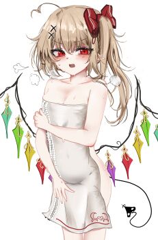 Rule 34 | 1girl, absurdres, alternate costume, blonde hair, blush, bow, breasts, cleavage, commentary, crystal, crystal wings, demon tail, english commentary, flandre scarlet, hair bow, highres, laevatein (touhou), long hair, looking at viewer, medium breasts, multicolored wings, naked towel, one side up, open mouth, ougiikun, pointy ears, red bow, red eyes, simple background, solo, tail, touhou, towel, wet, white background, wings