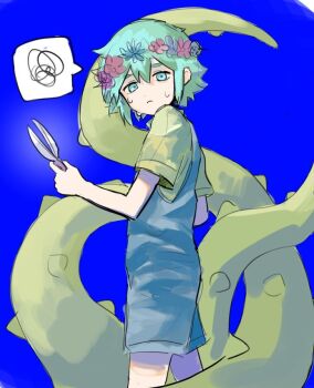 1boy basil_(headspace)_(omori) basil_(omori) blue_background blue_overalls closed_mouth collared_shirt double-parted_bangs flower flower_wreath gardening_shears green_eyes green_hair green_shirt hair_between_eyes head_wreath looking_at_viewer male_focus omore47858045 omori overall_shorts overalls shirt short_hair short_sleeves sidelocks simple_background sketch solo speech_bubble spoken_squiggle squiggle sweat