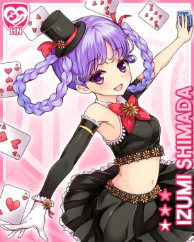 1girl :d bare_shoulders black_hat black_skirt bow card card_(medium) character_name detached_sleeves fang flower flower_ornament girlfriend_(kari) gloves hair_flower hair_ornament hat holding holding_card looking_at_viewer midriff mini_hat mini_top_hat navel official_art open_mouth pink_background playing_card purple_eyes purple_hair qp:flapper red_bow shimada_izumi skirt smile solo top_hat white_gloves
