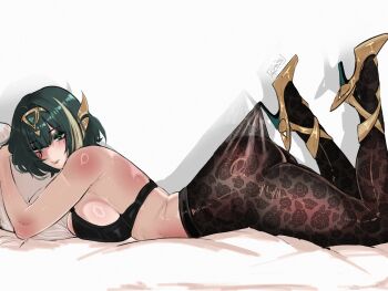 1girl absurdres alternate_costume artist_name black_bra blonde_hair blunt_bangs bra breasts brown_pantyhose circlet commentary english_commentary facial_mark floral_print from_side full_body genshin_impact gold_shoes green_eyes green_hair gy_beth hair_between_eyes high_heels highres horns hugging_object lace_pantyhose_hooked_on_heel_(meme) lace_trim large_breasts legs_up looking_at_viewer lying meme multicolored_hair nefer_(genshin_impact) on_bed on_stomach pantyhose pillow pillow_hug rose_print shadow shoes short_hair simple_background solo streaked_hair underwear white_background