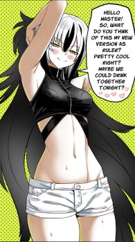 1girl armpits arms_up black_cloak black_hair blush cloak commentary english_text fate/grand_order fate_(series) green_background green_eyes hair_between_eyes heart long_hair looking_at_viewer midriff multicolored_hair nagao_kagetora_(fate) navel polka_dot polka_dot_background shinsaku_(stan-art) shorts smile smug speech_bubble sweatdrop thick_thighs thighs uesugi_kenshin_(second_ascension)_(fate) very_long_hair white_hair white_shorts