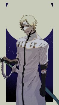 1boy a_nzi_end arm_at_side black_gloves bleach blonde_hair commentary_request eyepatch feet_out_of_frame gloves highres looking_at_viewer male_focus moon_behind_head parted_lips shirt short_hair solo sword tesra_lindocruz weapon white_shirt