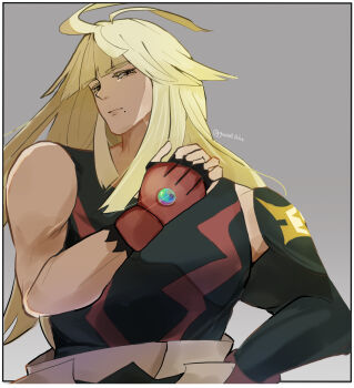 Rule 34 | 1boy, black tank top, blonde hair, closed mouth, colored eyelashes, commentary request, dougi, fingerless gloves, gloves, grey background, hand on own hip, hand on own shoulder, head tilt, highres, ivor (pokemon), long hair, looking at viewer, mega stone, mole, mole under mouth, muscular, muscular male, nintendo, pokemon, pokemon legends: z-a, solo, tank top, upper body, yuzu0 0cha