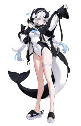 Rule 34 | 1girl, absurdres, bare legs, black hair, blue eyes, blue hair, blue neckerchief, cetacean tail, closed mouth, commentary, covered navel, english commentary, fins, fish tail, full body, highres, hrrry, long hair, looking at viewer, multicolored hair, neckerchief, orca girl, original, outstretched arm, sandals, sidelocks, simple background, solo, standing, streaked hair, tail, toes, twintails, white background, white hair