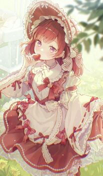 1girl :/ apron ban_(one_ban7241) basket between_fingers blurry blurry_foreground blush bonnet bow bow_choker center_frills chair choker closed_mouth collared_dress commentary commission dandelion dot_nose dress feet_out_of_frame film_grain flower food frilled_dress frilled_hat frills from_above fruit grass hair_bow hand_up hat highres holding holding_food holding_fruit lace-trimmed_sleeves lace_trim leaf light_particles long_hair long_sleeves looking_at_viewer original outdoors peter_pan_collar purple_eyes red_bow red_dress red_hair red_hat ribbon-trimmed_hat ribbon-trimmed_sleeves ribbon_trim round_table sidelocks skeb_commission skirt_hold solo standing strawberry striped_bow table tablecloth waist_apron white_apron white_bow white_choker wide_sleeves yellow_flower