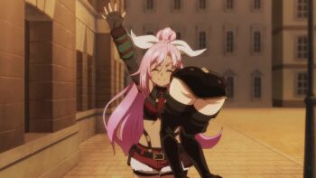 2girls animated anime_screenshot ass black_gloves black_hair black_romper black_shorts black_thighhighs blue_eyes brown_shorts carrying carrying_over_shoulder carrying_person closed_eyes crop_top dark-skinned_female dark_skin elbow_gloves gloves hair_ribbon highres huge_ass liz_smart long_hair medium_hair multiple_girls nageki_no_bourei_wa_intaishitai red_ribbon ribbon romper shirt shorts smile sound tagme thick_thighs thighhighs thighs tino_shade video white_shirt wide_hips