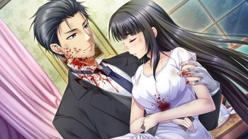 1boy 1girl black_hair blood carrying grand_guignol_no_yoru smile tinkerbell