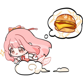 Rule 34 | 1girl, :q, artist request, back bow, bare shoulders, bow, bowtie, brown eyes, burger, cheese, chibi, chinese commentary, closed mouth, commentary request, floating clothes, floating hair, floral memory (infinity nikki), food, frilled shirt, frills, gloves, hair bow, happy, high-waist skirt, infinity nikki, kfc, large bow, light blush, long hair, nikki (nikki), nikki (series), official alternate color, official art, paw print, pink bow, pink hair, red bow, red bowtie, red skirt, running, second-party source, shirt, sidelocks, simple background, single stripe, skirt, sleeveless, sleeveless shirt, smile, smoke, solo, sparkle, speech bubble, spoken food, striped bow, striped bowtie, striped clothes, tareme, thinking, thought bubble, tongue, tongue out, v-shaped eyebrows, very long hair, wheel o feet, white background, white gloves, white shirt, wrist bow