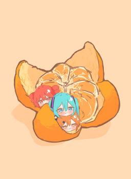3girls a.i._voice absurdres adachi_rei aqua_eyes aqua_hair cott_(cott_5) drill_hair food fruit hatsune_miku highres in_food kasane_teto mandarin_orange mini_person minigirl multiple_girls orange_eyes orange_hair red_eyes red_hair twin_drills twintails utau vocaloid