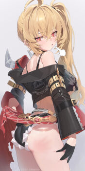 1girl absurdres berserker_r black_gloves black_jacket black_shorts blonde_hair chinese_commentary commentary_request fur-trimmed_shorts fur_trim gloves hair_between_eyes highres jacket long_hair looking_back luciana_de_montefio micro_shorts parted_lips red_eyes shorts side_ponytail solo spanked zenless_zone_zero