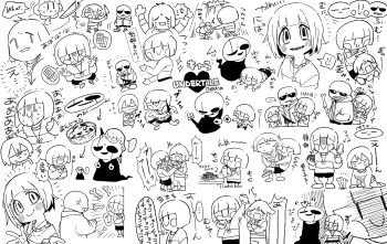 ... 2others 3boys absurdres androgynous angry animal animal_on_head arms_up asriel_dreemurr back bird bird_on_head blood blush_stickers bone candy chara_(undertale) character_name chibi chocolate chocolate_bar closed_eyes collared_sweater cookie copyright_name crying drooling eating english_text expressionless flowey_(undertale) food frisk_(undertale) furry furry_male ghost grin hands_in_pockets heart_pendant highres holding holding_knife injury jacket knife monochrome multiple_boys multiple_others multiple_views on_head open_clothes open_jacket open_mouth plant potted_plant sans_(undertale) shaded_face short_hair skeleton smile speech_bubble striped_clothes striped_sweater sweat sweater tadeno tears undertale upper_body utdr_(toby_fox) w.d._gaster white_background