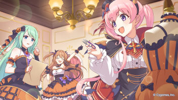 3girls arm_up bare_shoulders blue_eyes braid breasts carmina_(princess_connect!) chandelier chika_(princess_connect!) closed_eyes commentary_request company_name copyright_notice cygames demon_tail dress fang green_hair hair_ornament halloween highres holding holding_paper indoors long_hair long_sleeves mannequin multiple_girls nozomi_(princess_connect!) official_art open_mouth orange_dress paper pink_hair princess_connect! puffy_long_sleeves puffy_sleeves purple_eyes second-party_source sleeveless sparkle tail tsumugi_(halloween)_(princess_connect!) tsumugi_(princess_connect!) twintails upper_body