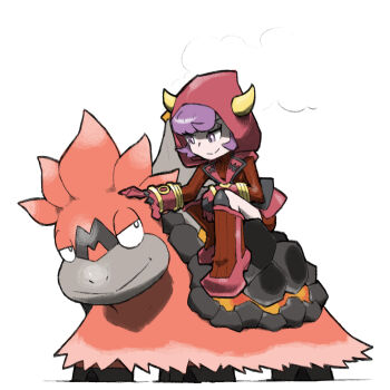 1girl blacknirrow camerupt closed_mouth courtney_(pokemon) english_text gen_3_pokemon gloves hood hood_up horned_hood horns mega_camerupt mega_pokemon nintendo petting pink_gloves pokemon pokemon_oras purple_eyes purple_hair short_hair simple_background smile split_mouth team_magma turtleneck white_background