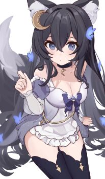 1girl animal_ears bare_shoulders black_choker black_hair black_thighhighs blue_eyes blue_flower breasts choker cleavage commission crescent crescent_choker crescent_hair_ornament detached_sleeves dress etoria flower fox_ears fox_girl fox_tail hair_flower hair_ornament highres large_breasts long_hair original see-through_clothes see-through_sleeves short_dress simple_background skeb_commission solo tail thighhighs white_background white_dress