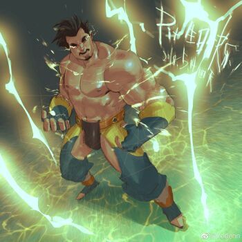 1boy abs bara biceps bulge check_copyright copyright_request dated electricity electrokinesis eye_trail facial_hair fingerless_gloves full_body gloves goatee highres large_pectorals light_trail male_focus mature_male muscular muscular_male nipples original pectorals short_hair solo standing strongman_waist thick_eyebrows thick_thighs thighs topless_male yodenn_4