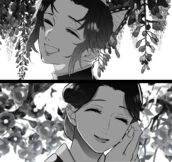2girls ^_^ blurry blurry_background closed_eyes closed_mouth commentary_request demon_slayer_uniform eyelashes facing_viewer fingernails flower greyscale hand_up head_tilt japanese_clothes kapuriko_(giant_kmt) kimetsu_no_yaiba kimono kochou_shinobu lipstick makeup monochrome multiple_girls open_mouth portrait sidelocks smile split_screen tamayo_(kimetsu_no_yaiba) updo wisteria