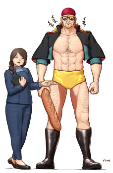 1boy 1girl abs arm_hair arms_at_sides artist_name baguette bandana belmeria_winston black_boots black_shoes blonde_hair blue_eyes blue_pants blue_shirt boots bread brown_hair chest_hair chewing collarbone colored_eyebrows commentary_request cropped_jacket crossover earrings facial_hair facing_viewer food gintama goatee gundam gundam_suisei_no_majo hair_over_shoulder highres holding jacket jewelry medium_hair muscular muscular_male nanami_nanao no_nipples open_clothes open_jacket open_mouth pants parody red_bandana school_uniform shirt shoes signature simple_background size_difference sunglasses takatin_(gintama) translated undersized_clothes wavy_hair white_background yellow_swim_trunks