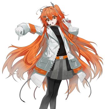 1girl a.i._voice absurdres adachi_rei alternate_hair_length alternate_hairstyle black_pantyhose black_shirt commentary english_commentary feet_out_of_frame grey_skirt headset highres holding jacket lens_eye long_hair long_sleeves looking_at_viewer miniskirt one_side_up open_clothes open_jacket open_mouth orange_eyes orange_hair pantyhose ramrachu shirt simple_background skirt solo standing utau very_long_hair white_background white_jacket