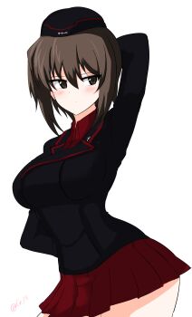 Rule 34 | 1girl, absurdres, aikir (jml5160), arm behind back, arm behind head, black jacket, blush, breasts, brown eyes, brown hair, closed mouth, collared shirt, cross, dress shirt, garrison cap, girls und panzer, hair between eyes, hat, highres, jacket, kuromorimine military uniform, large breasts, long sleeves, looking at viewer, military, military hat, military uniform, miniskirt, nishizumi maho, outstretched arm, pleated skirt, red shirt, red skirt, shirt, short hair, simple background, skirt, solo, standing, white background