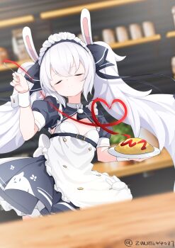 1girl absurdres alternate_costume animal_ears animal_print apron artist_name azur_lane baby_animal bird blue_bow blue_dress blurry blurry_background blurry_foreground blush bow breasts cafe center_opening chick chick_print chinese_commentary closed_eyes closed_mouth commentary_request counter cowboy_shot drawn_heart dress enmaided fake_animal_ears food food_request frilled_apron frilled_dress frills hair_between_eyes hair_bow hair_ornament hairband heart highres holding holding_plate holding_spoon icing indoors juliet_sleeves laffey_(azur_lane) long_hair long_sleeves looking_at_viewer maid maid_apron maid_headdress manjuu_(azur_lane) plate puffy_short_sleeves puffy_sleeves rabbit_ears shelf short_sleeves small_breasts smile spoon twintails very_long_hair waist_apron white_apron white_hair wrist_cuffs z-wumi