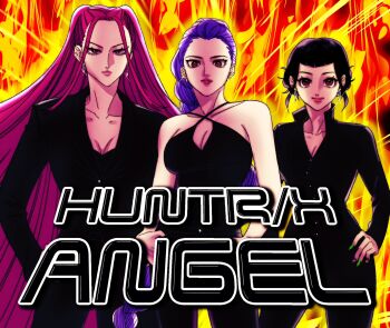 Rule 34 | 3girls, black hair, black jacket, black shirt, blunt bangs, braid, braided ponytail, charlie's angels, closed mouth, criss-cross halter, double bun, earrings, fire, hair bun, halterneck, high collar, highres, jacket, jewelry, kpop demon hunters, long hair, looking at viewer, mira (kpop demon hunters), multiple girls, oolelele, pink hair, purple hair, rumi (kpop demon hunters), shirt, smile, twintails, very long hair, zoey (kpop demon hunters)