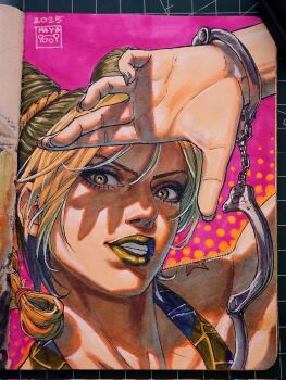 1girl art_tools_in_frame birthmark blonde_hair braid braided_bun braided_ponytail bun_with_braided_base clenched_teeth commentary cone_hair_bun cuffs dated double_bun green_eyes green_hair green_lips green_nails green_tank_top hair_bun halftone hand_up handcuffs highres joestar_birthmark jojo_no_kimyou_na_bouken kuujou_jolyne looking_at_viewer makeup marker_(medium) maya_panda multicolored_hair parted_lips photo_(medium) polka_dot polka_dot_background portrait shading_eyes shadow signature smile solo spider_web_print stone_ocean tank_top teeth traditional_media two-tone_hair