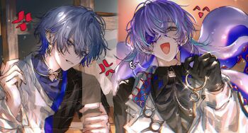 Rule 34 | 2boys, anger vein, annoyed, asano (kazusasn), black gloves, black shirt, blue eyes, blue hair, collared shirt, commentary request, costume request, earrings, gloves, hair between eyes, highres, holding, holding key, hoshirube sho, jacket, jewelry, key, koyanagi rou, long hair, long sleeves, male focus, multicolored hair, multiple boys, nijisanji, one eye covered, open mouth, parted lips, purple hair, shirt, short hair, streaked hair, teeth, tentacles, two-tone shirt, upper body, virtual youtuber, white jacket, white shirt