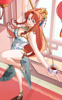 1girl :d absurdres alternate_hairstyle bare_shoulders braid breasts carpet china_dress chinese_clothes cleavage_cutout clothing_cutout cup decantering dragon_hair_ornament dress duplicate green_eyes hair_ornament highres holding holding_cup holding_kettle hong_meiling hong_meiling_(white_rainbow_gatekeeper) kettle knee_up lantern long_hair long_spout_teapot looking_at_viewer official_alternate_costume open_mouth paper_lantern parted_bangs pixel-perfect_duplicate pouring sarukana saucer sleeveless sleeveless_dress smile solo standing standing_on_one_leg star_(symbol) star_hair_ornament tassel tassel_hair_ornament tea teacup teapot touhou touhou_lostword twin_braids very_long_hair white_dress