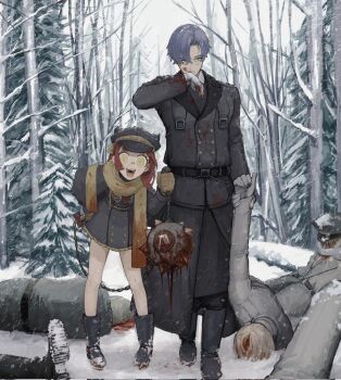 1girl 4boys after_battle animal_ear_headwear ball_and_chain_(weapon) belt black_belt black_boots black_coat black_hat blood blood_on_clothes blood_on_face bloody_weapon blue_hair boots coat commission corpse crazy_smile fake_animal_ears fangs forest gakudayo glint gloves grey_gloves hand_on_own_hip hat holding holding_another&#039;s_wrist holding_weapon leaning_forward long_hair looking_at_viewer military_uniform multiple_boys nature newsboy_cap original outdoors pigeon-toed red_hair scarf short_hair smile snow snowing spiked_ball_and_chain standing trench_coat weapon wide-eyed wiping_blood wiping_face yellow_eyes yellow_scarf
