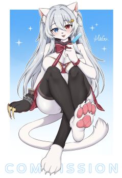 1girl absurdres animal_ear_fluff animal_ears bare_shoulders barefoot black_gloves black_thighhighs blue_background blue_eyes blush breasts cleavage commentary commission english_commentary food full_body furry furry_female gloves gradient_background grey_hair hair_between_eyes hair_ornament hairclip heterochromia highres holding holding_food holding_popsicle large_breasts long_hair looking_at_viewer mo_(k40633) original popsicle red_eyes simple_background single_glove sitting smile soles solo tail thighhighs thighs